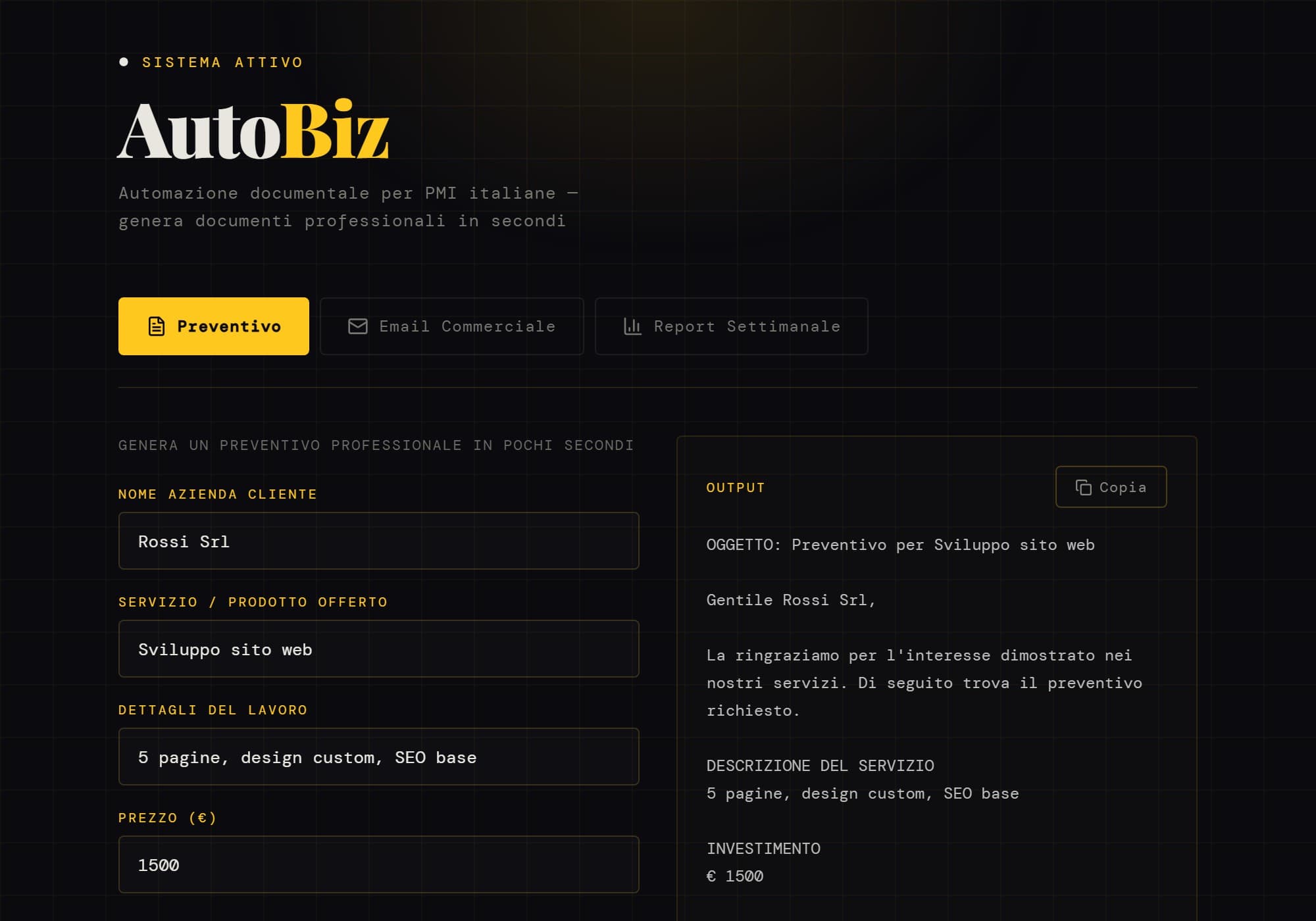 Schermata dell'app AutoBiz con generazione preventivo